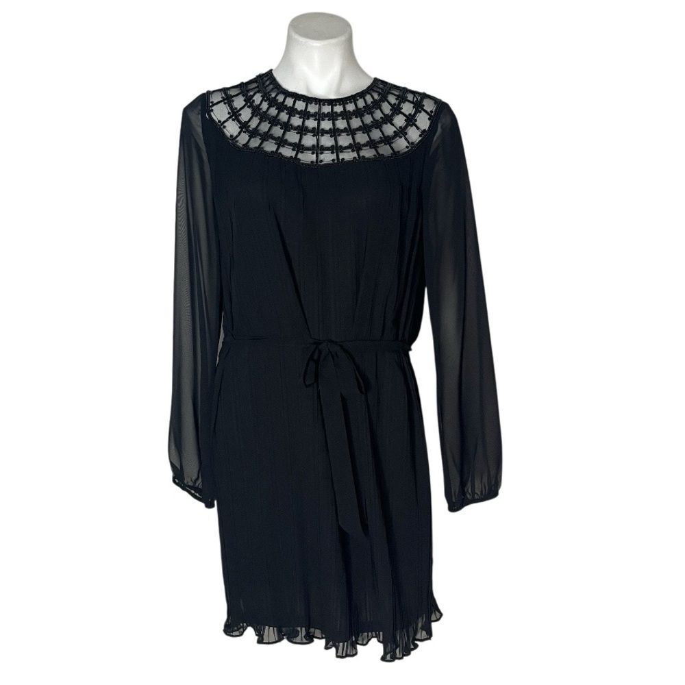 AIDAN MATTOX Black Dress Beaded Collar Cocktail Lined Sheer Sleeves Size 4